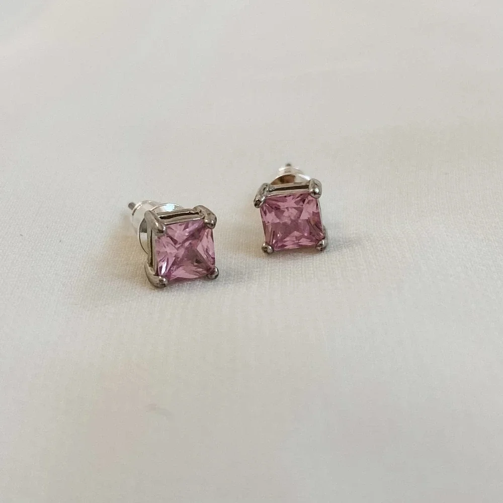 VTG Silver Pink Square Stud Earrings